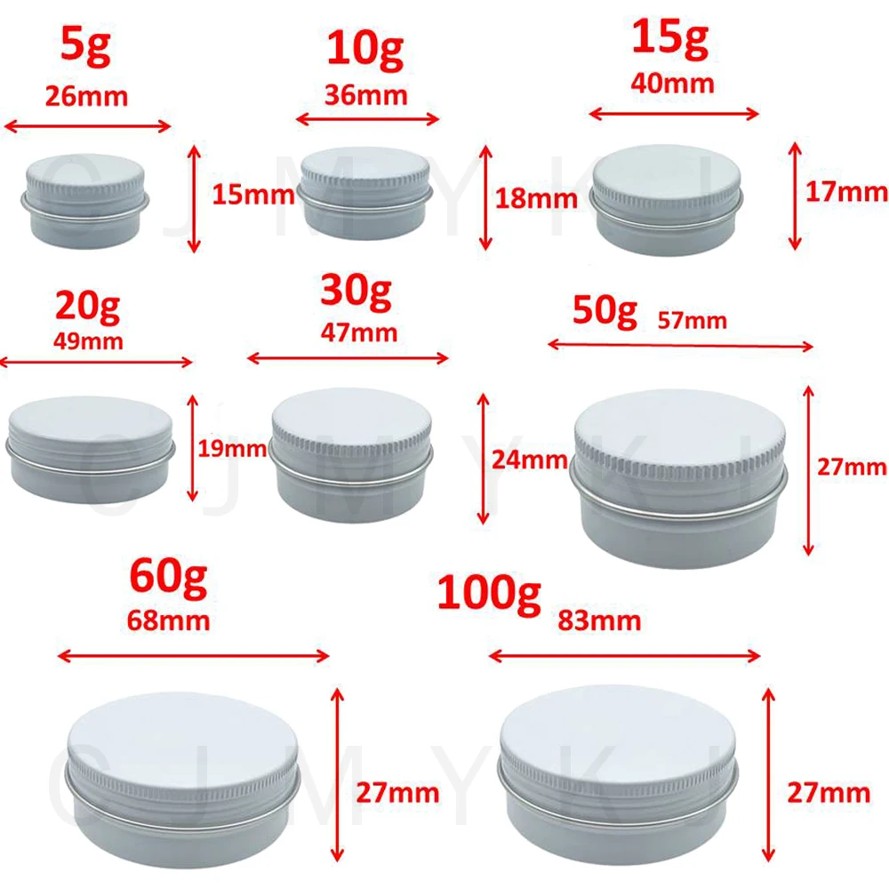 100Pcs Empty White Aluminum Jar Tin 5g 10g 15g 20g 30g 50g 60g 100g Pot Nail Art Makeup Lip Gloss Empty Cosmetic Tins Container
