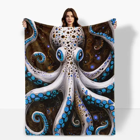 Luxury Octopus Tentacle & Squid Ink Design Plush Flannel Blanket - Brown Blue & Neon Golden Bedspread, All-Season Soft Throw for