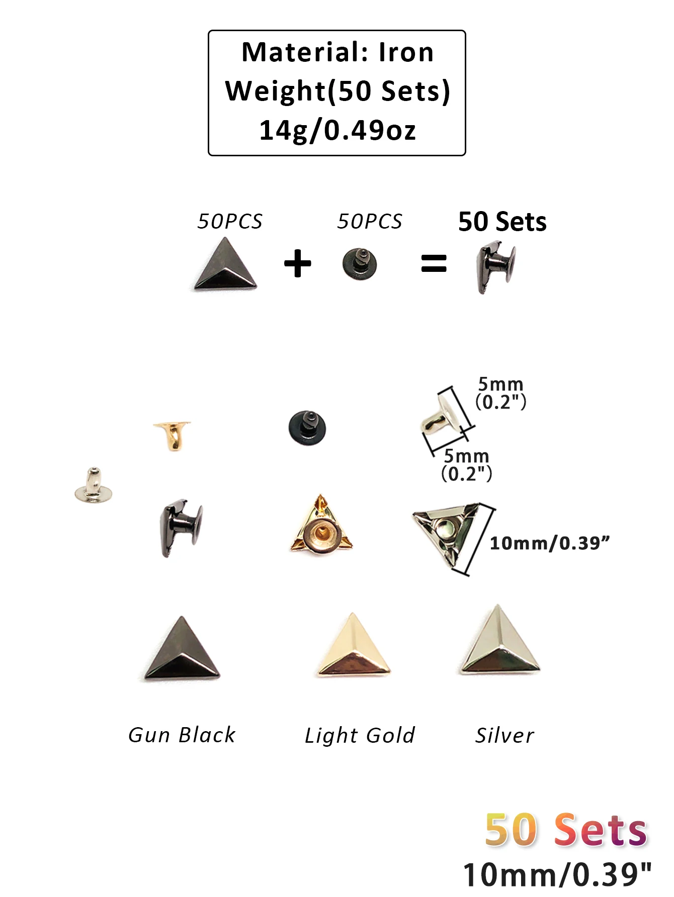 50Sets Metal Triangle Shape Decoration Stud Rivets for Belt Clothes Bag Purse Handbag Leather Craft DIY Triangular Embellishment