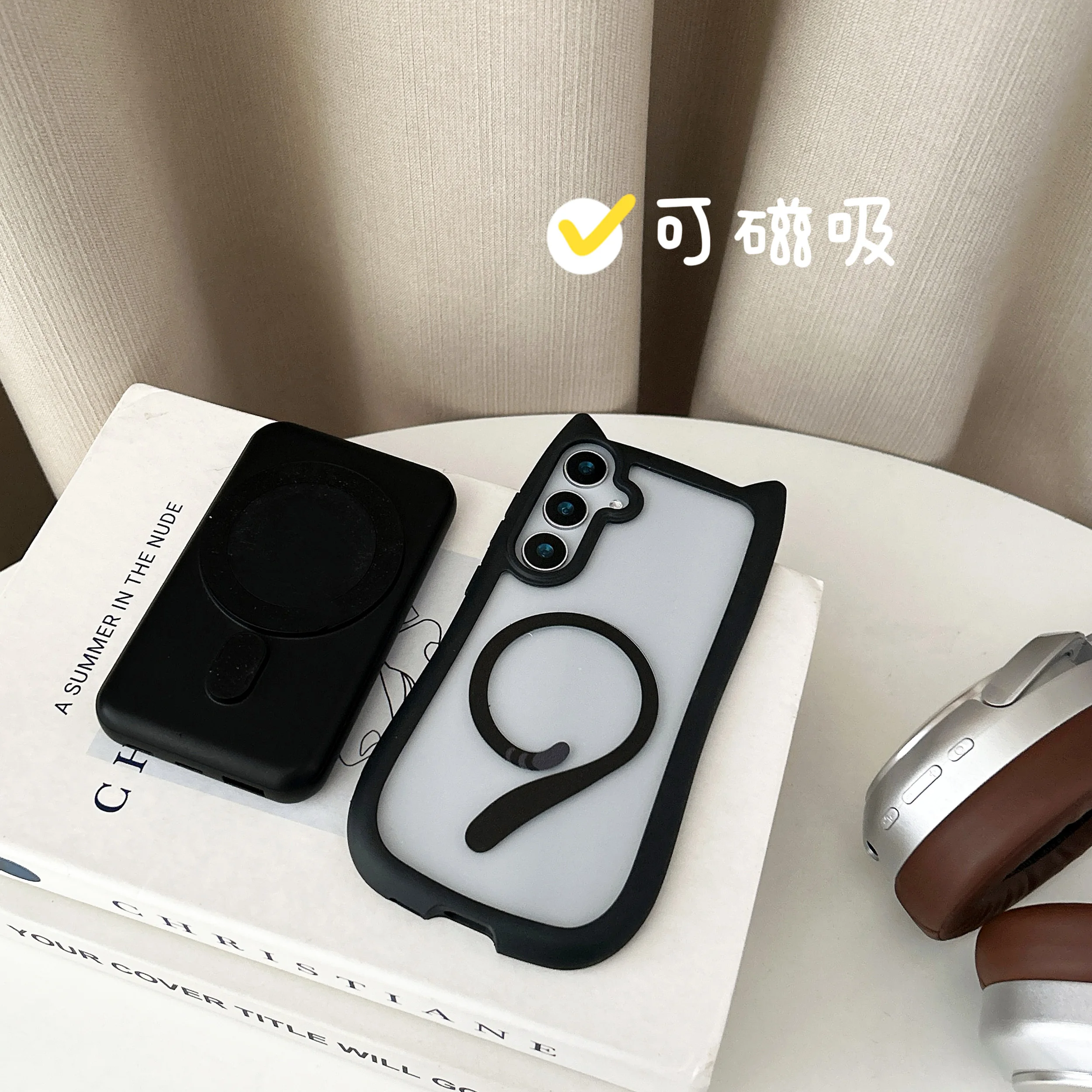 Custodia magnetica Magsafe per Galaxy S25 Plus Cover per orecchie di gatto adorabile per Samsung Galaxy S23 S24 Custodia rigida trasparente per tettuccio antiurto