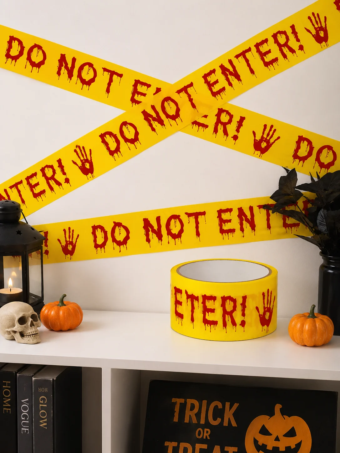 Halloween Do Not Enter Warning Tape, Yellow Bloody Handprint Caution Barrier Tape for Haunted House Party Decor