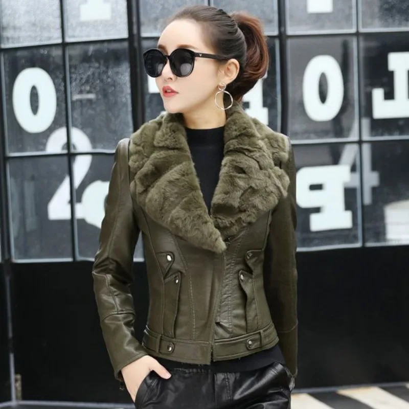 Faux Rabbit Fur Collar Leather Coat for Women, Short Slim Jacket, Thick Warm Leisure Outwear, Winter Fashion, New, 2024