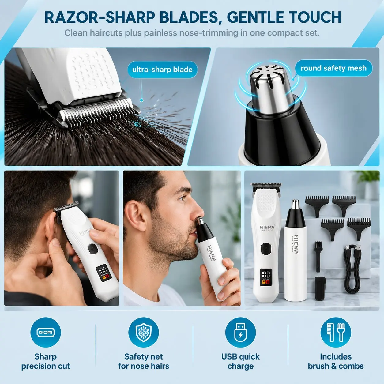 White Haircut Machine Professional Electric Cordless Nose Hair Trimmer USB Fast Charging Hair Clippers Set For Father Boyfriend