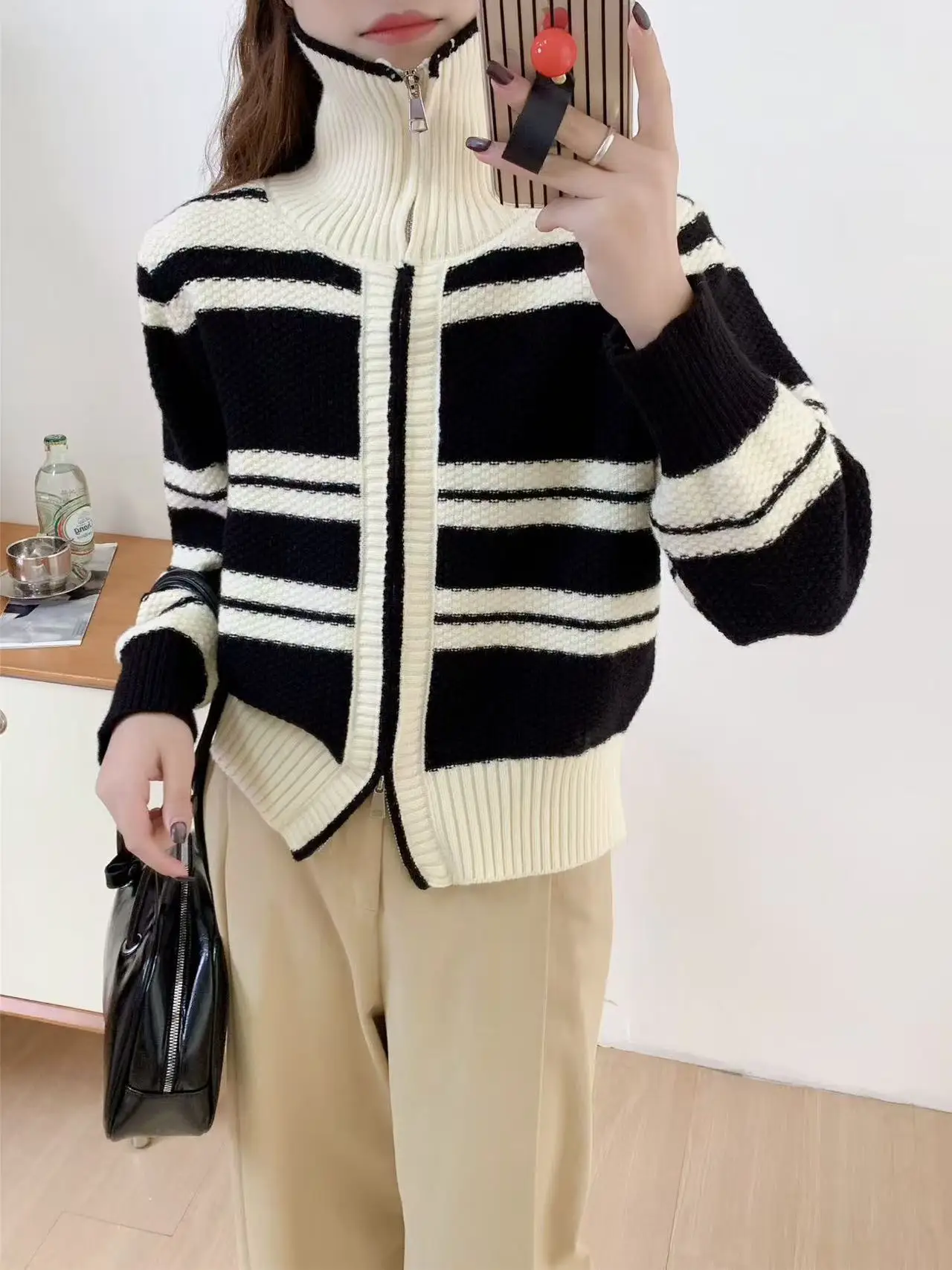 

Korean Sle Zipper Stripe Knitted Stand Collar Women's Sweater Winter Faion Outerwear Versatile Long Sve Soft Thiened