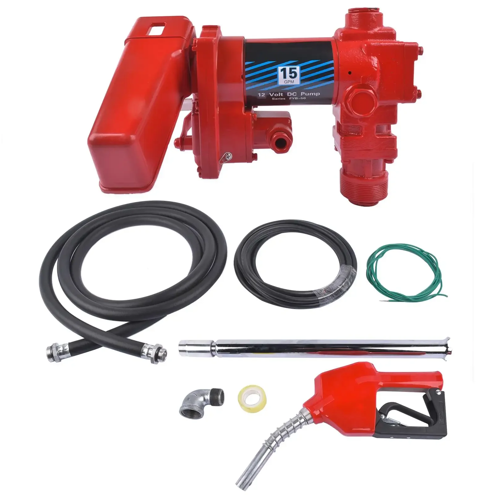 AP03 12V 15 GPM Fuel Transfer Pump w/ Discharge Hose & Auto Red Nozzle for Gas Diesel Ethanol & Biodiesel