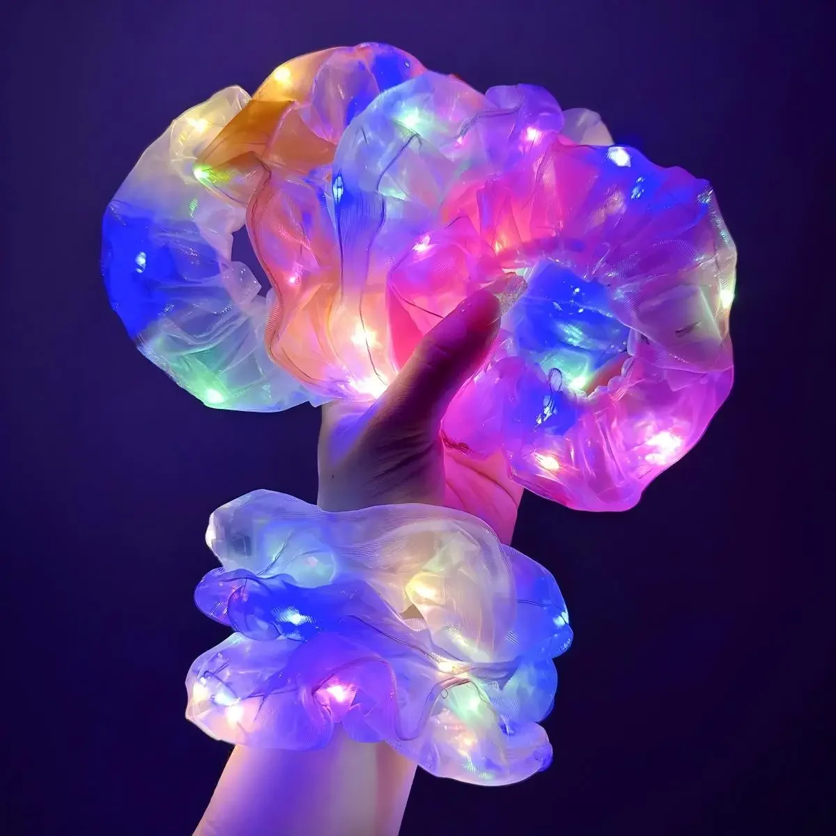 

6pcs LED Light Up Hair Scrunchies Candy Color Bright Organza Scrunchy Elastic Glow Hairbands Hair Ring Girls Party Supplies