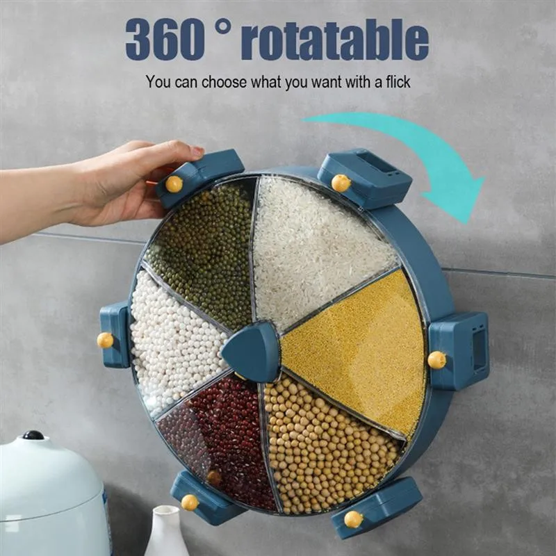 8.5L Large Rotate Storage Containers Cereals Dry Food Rice Dispenser Holder Plastic Divided Cells Wall Mounted Kitchen Organizer