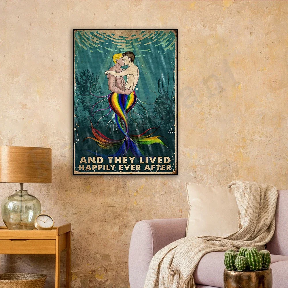 lgbt mermaids they lived happily ever after, gay pride wall art retro mermaid ocean sea blue poster