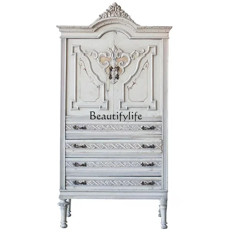 LXSolid wood carving flower wardrobe light luxury villa French pastoral retro old bedroom drawer two-door wardrobeSSS