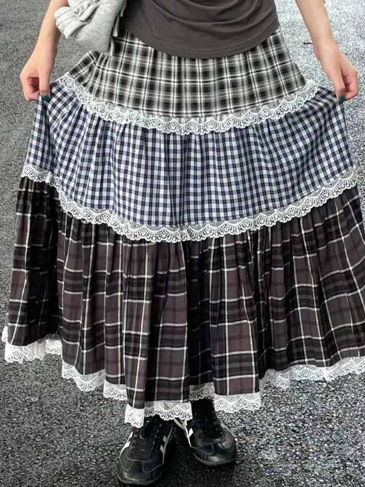 Deeptown évjárat harajuku csipkével Pléd Szoknya Nők Előkészítő iskola tanulója stílusú stv skirts Ősz téli streetwear retro a-line Feldörgöl skirts