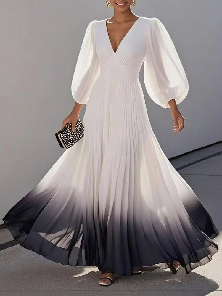 

Women's Gradient V-neck Puff Sleeves Maxi Dress High Waist Big Swing Pleated A-line Evening Party Dresses for Spring Fall
