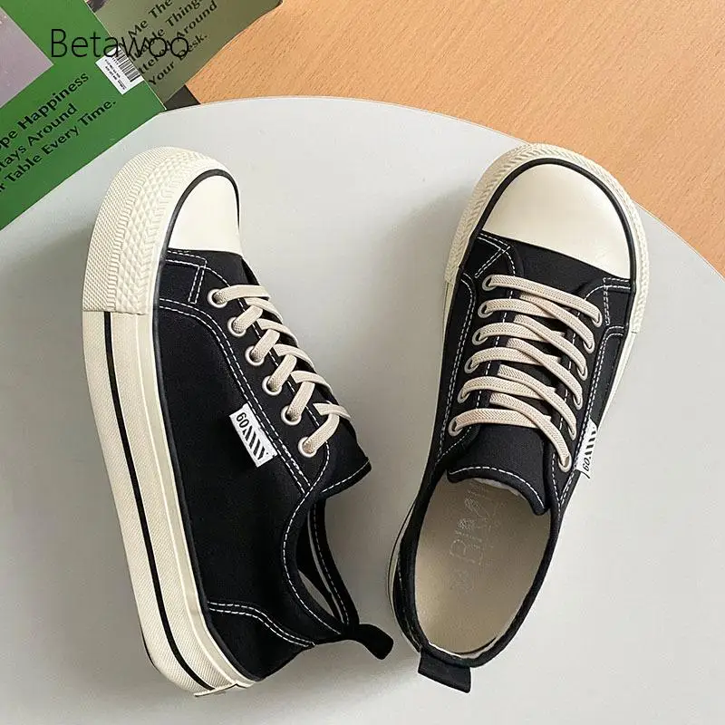 Multi-Color Retro Contrast Stitch Lace-Up Platform Canvas Sneakers Non-Slip Thick Sole Lightweight Casual Daily Walking Shoes
