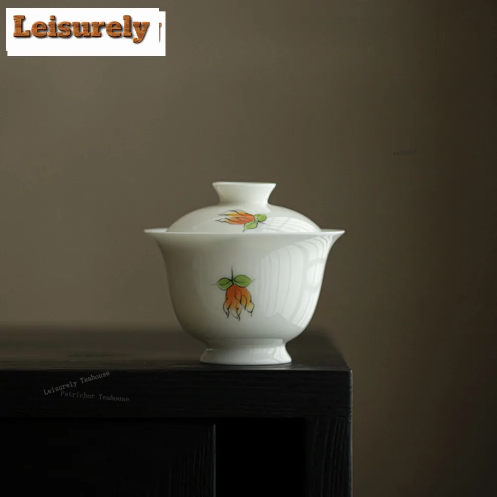 HOYIHM 120ml Imitation Song Dynasty High Foot Gaiwan Hand Drawn Finger Citron Flower  Tea Tureen Tea Maker Cover Bowl Tea Items