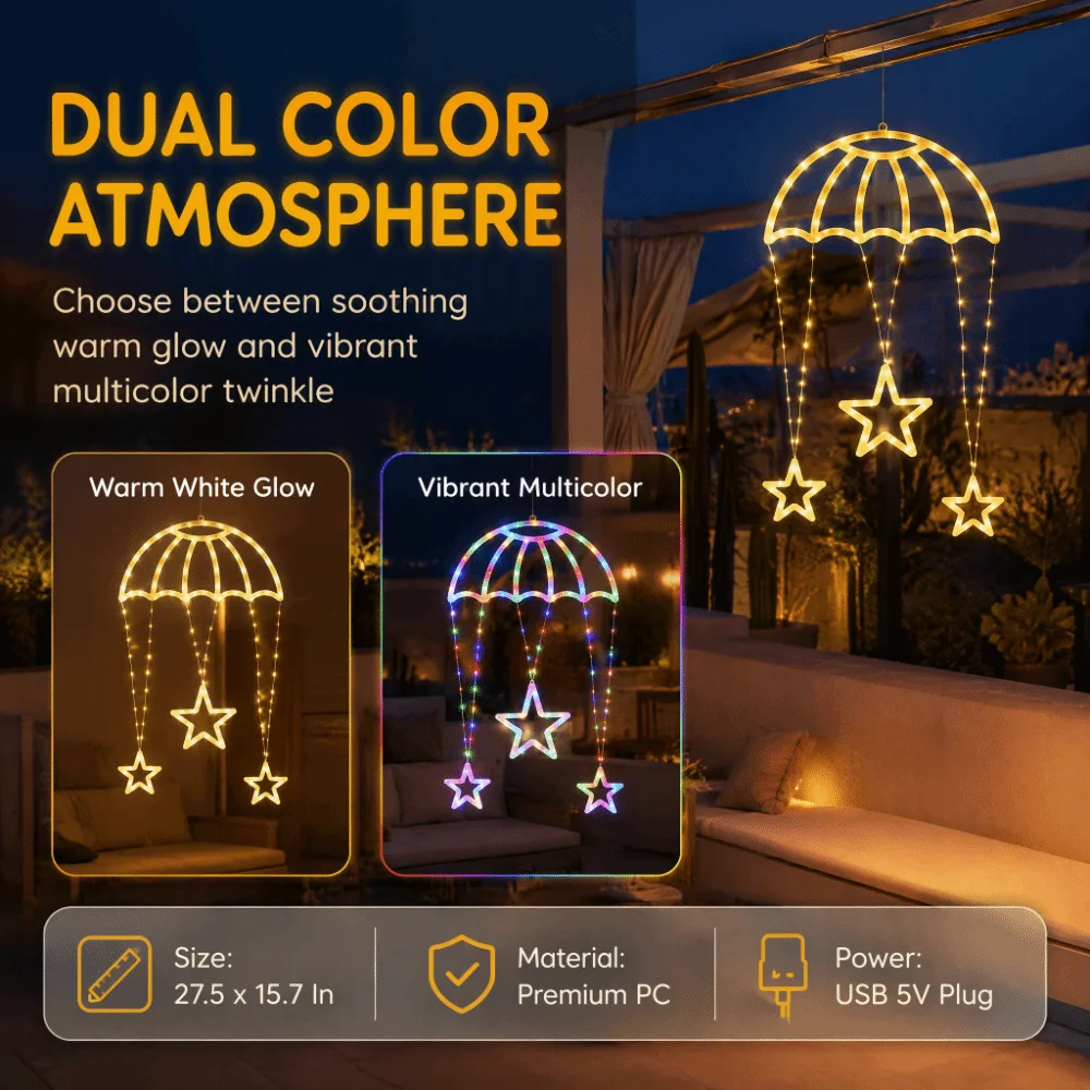 8 Modes of Lighting Parachute Star Lantern Pink Heart Usb Powered LED Christmas Parachute Lights Warm/Colorful Light Romantic