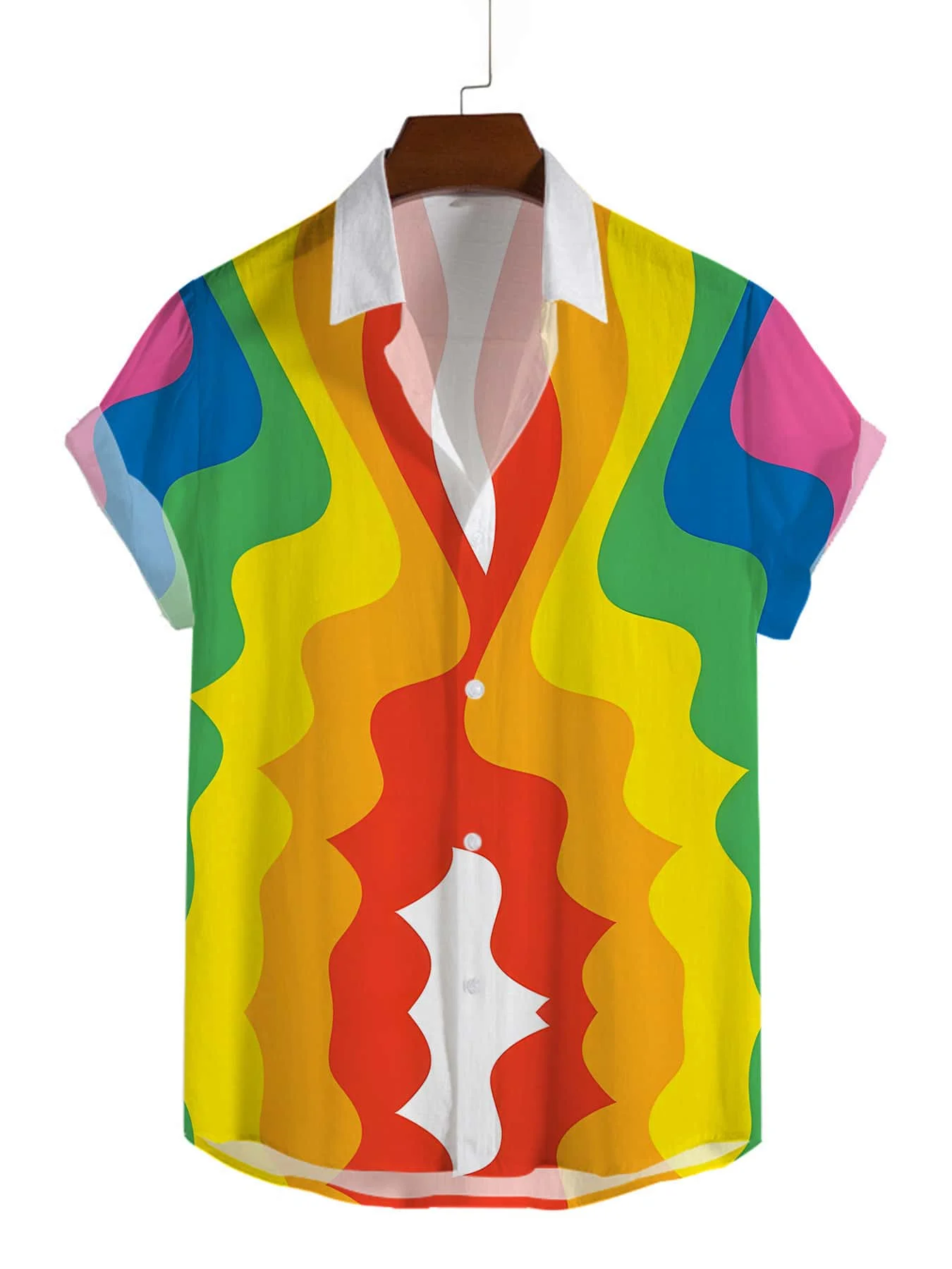 

Mens Rainbow Wave Retro Casual Shirt Polyester Print Short Sleeve