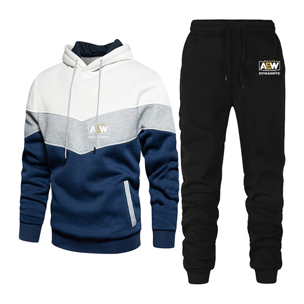 2024 Spring Autumn Men's All Elite AEW Wrestling AEW Logo Printed Personality Patchwork Hooded Tracksuit+Fashion Sweatpants Sets