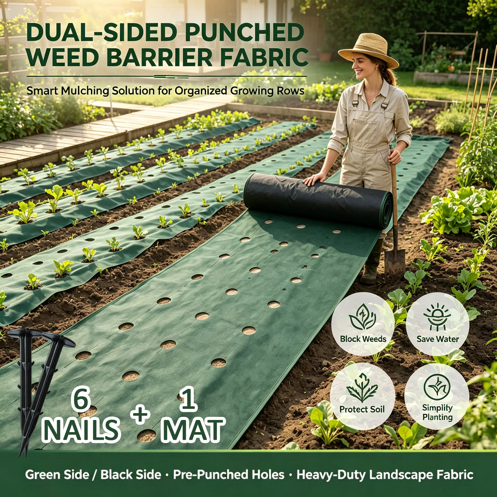 6.1m Double-Layer Perforated Heavy-Duty Weed Barrier Fabric, Green Black Water-Permeable 6 Stakes for Garden Orchard Yard