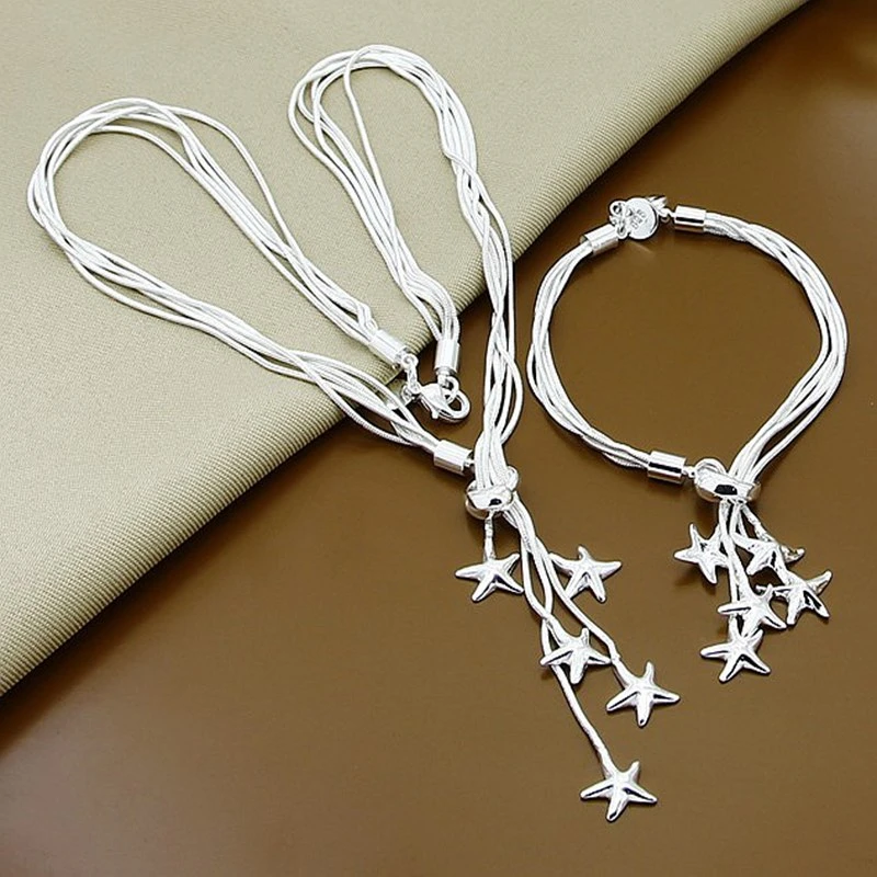 

925 Sterling Silver Five Snake Chain Star Necklace Bracelet Set For Women Wedding Party Fashion Charm Jewelry