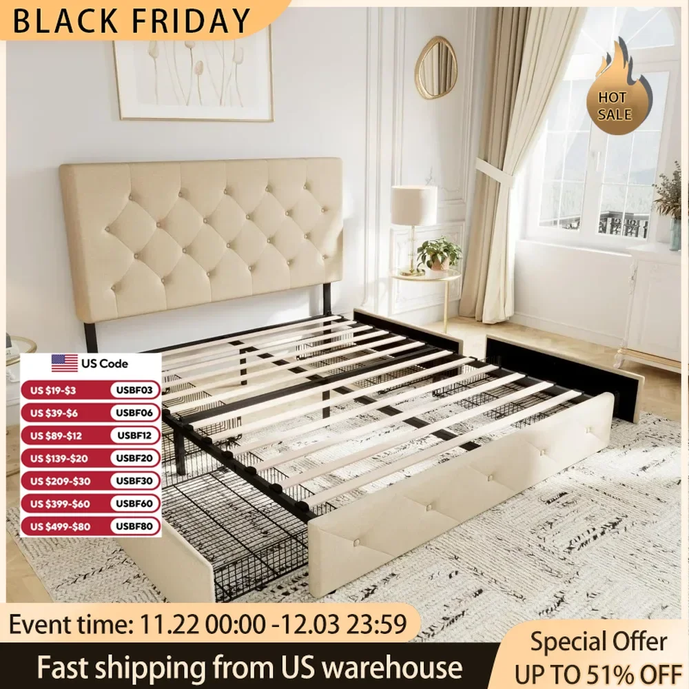 King Size Platform Bed Frame w 4Storage Drawers and Headboard,Mattress Foundation w Wooden Slats Support,No Box Spring Needed