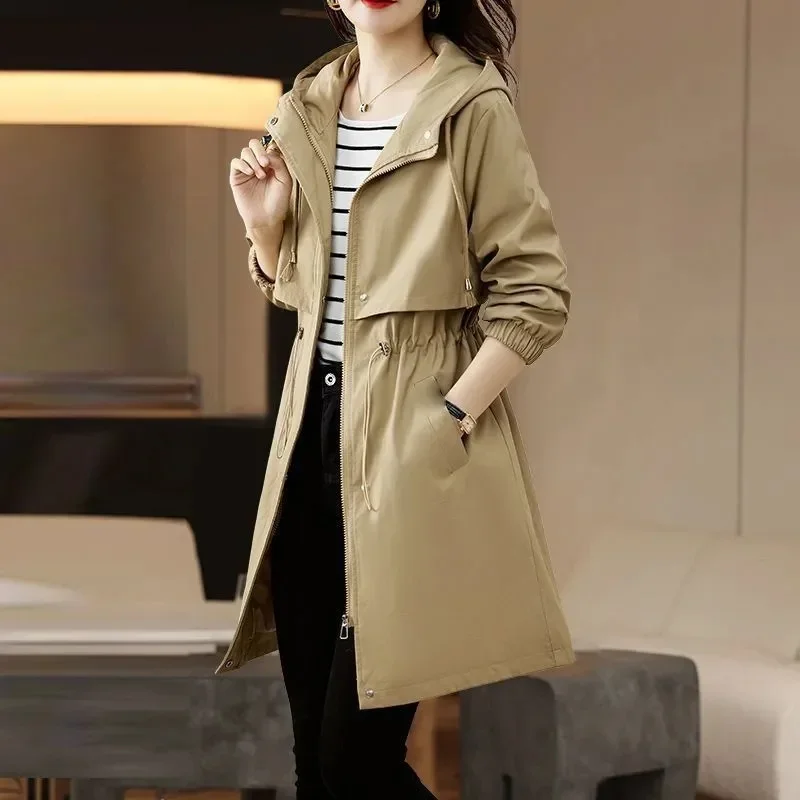 

2024 New Trench Coat Women Fashion Slim Hooded Coats Korean Spring Autumn Female Windbreaker Casual Outerwear Ladies Overcoat