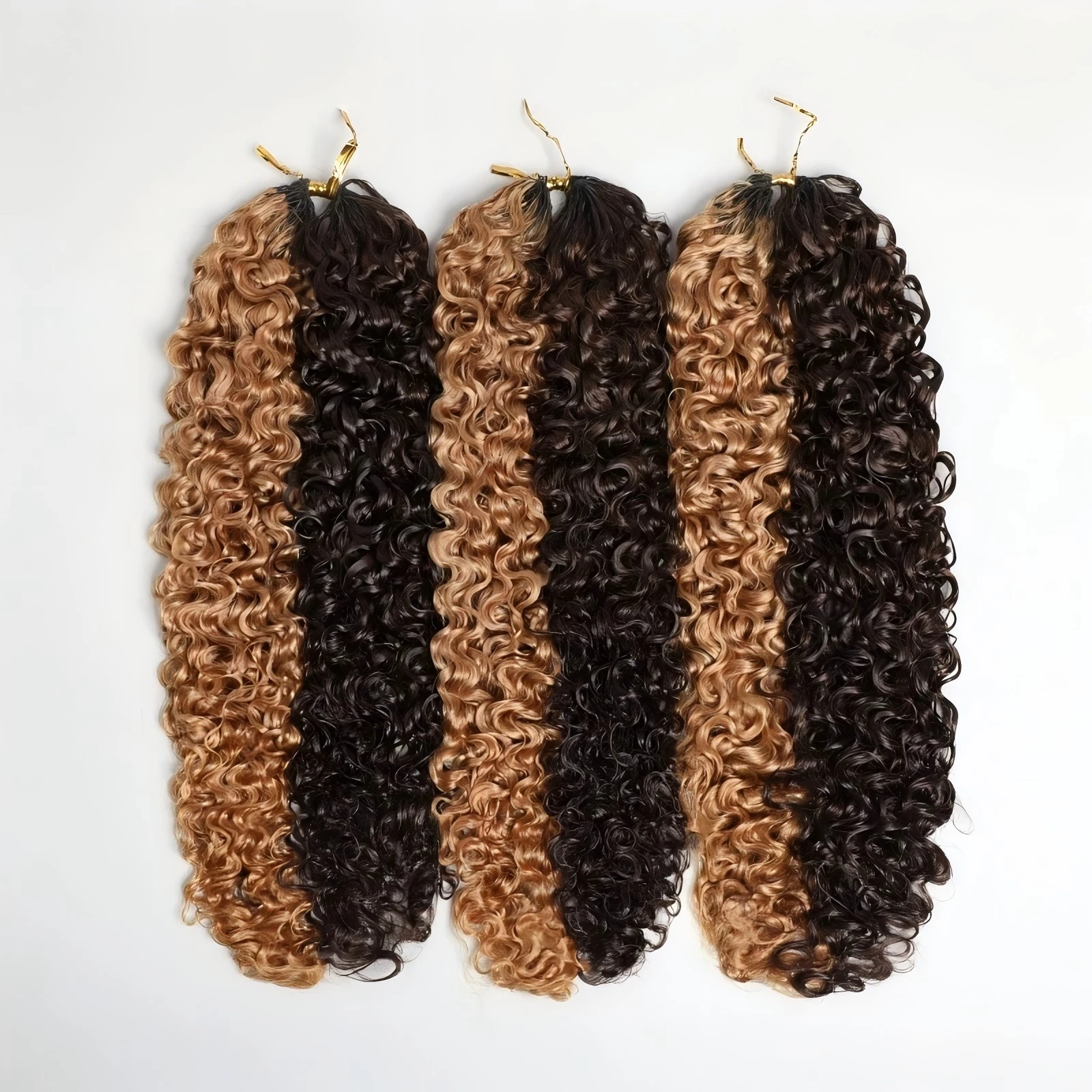 P4/27 Highlight Feather Crochet Human Hair Burmese Curly With Twist Ends Feather Crochet Human Hair Burmese Curly P4/27 Ombre Brown Highlight Knotless Pre‑Separated Invisible Hair Lightweight Reusable Crochet Hair Extensions