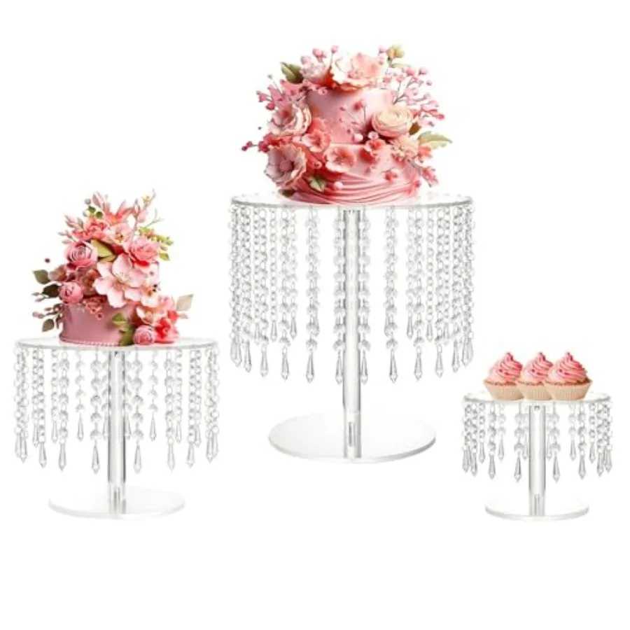 

Acrylic Wedding Cake Stand Set - 3 Pcs Clear Round Cupcake Stands Dessert Display with Crystal Bling Pendants for Wedding Event
