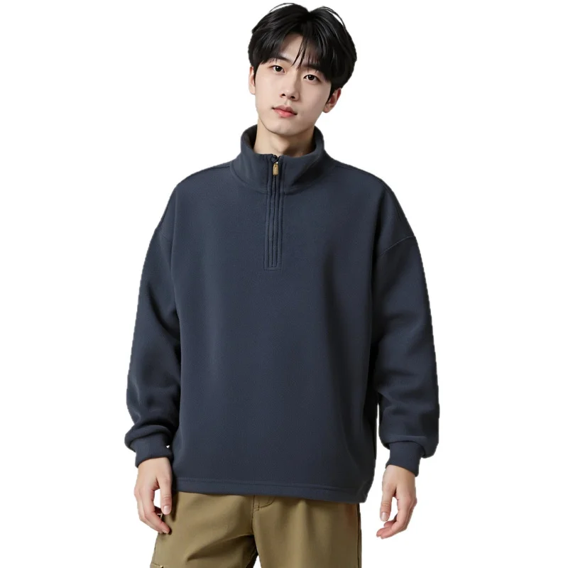 【Mirrordust】Men300gCotton Fleece نصف البريدي عالية الرقبة البلوز الخريف الشتاء سترة دافئة جديدة طويلة الأكمام تنوعا
