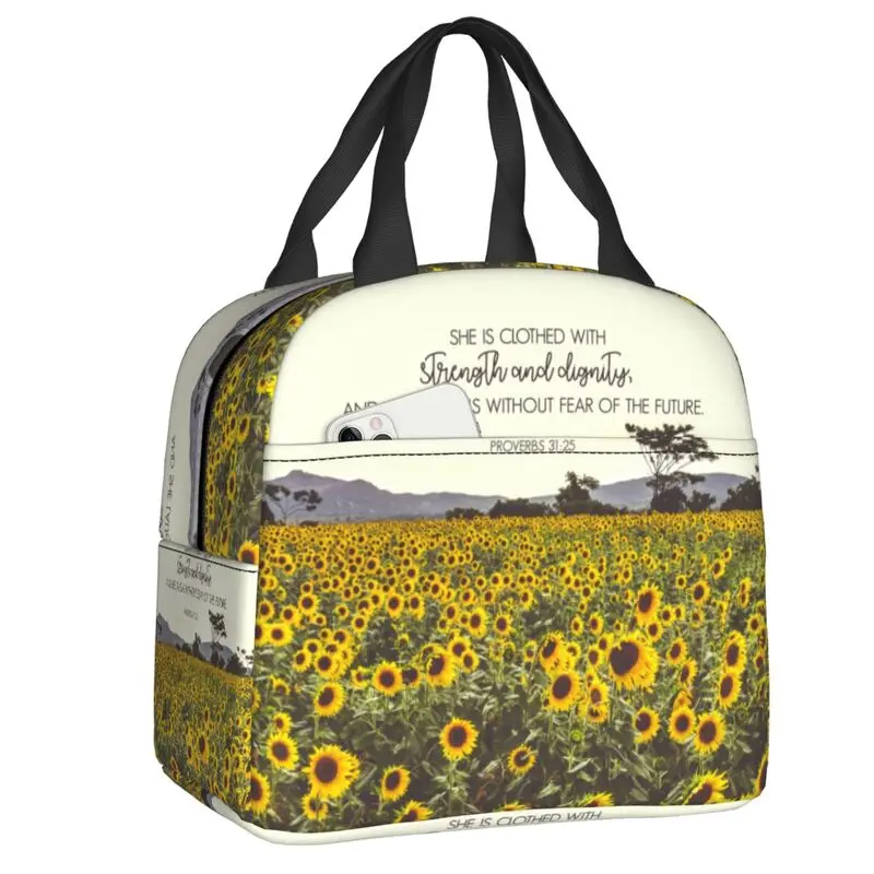 Proverbs And Sunflowers Insulated Lunch Tote Bag for Women Flower Portable Thermal Cooler Food Lunch Box Work School Travel