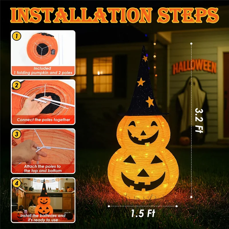 ABZV-Battery Operated 8 Modes 3FT Halloween Pumpkin Decorations, For Indoor Outdoor Home, Party, Yard Lights