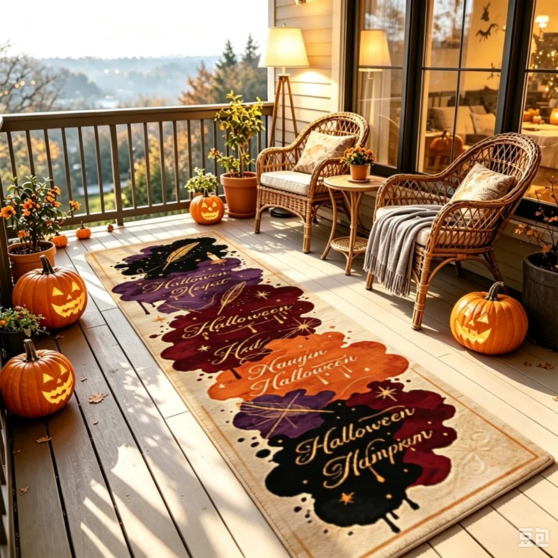 Ink‑blot Style Halloween Letter Print Rug,Soft Wear‑resistant Non‑slip Floor Mat,Decorative Holiday‑themed Carpet for Balcony