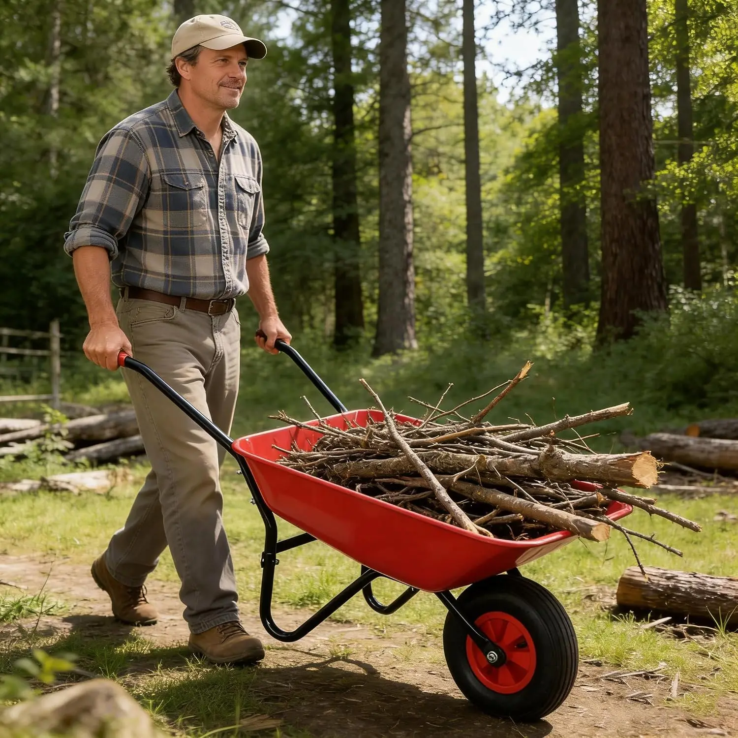 Steel Tray Wheelbarrow 12 Inch Pneumatic Wheel 220 Lb Capacity Garden Cart Easy Dump Design Landscaping Yard Work Red Black