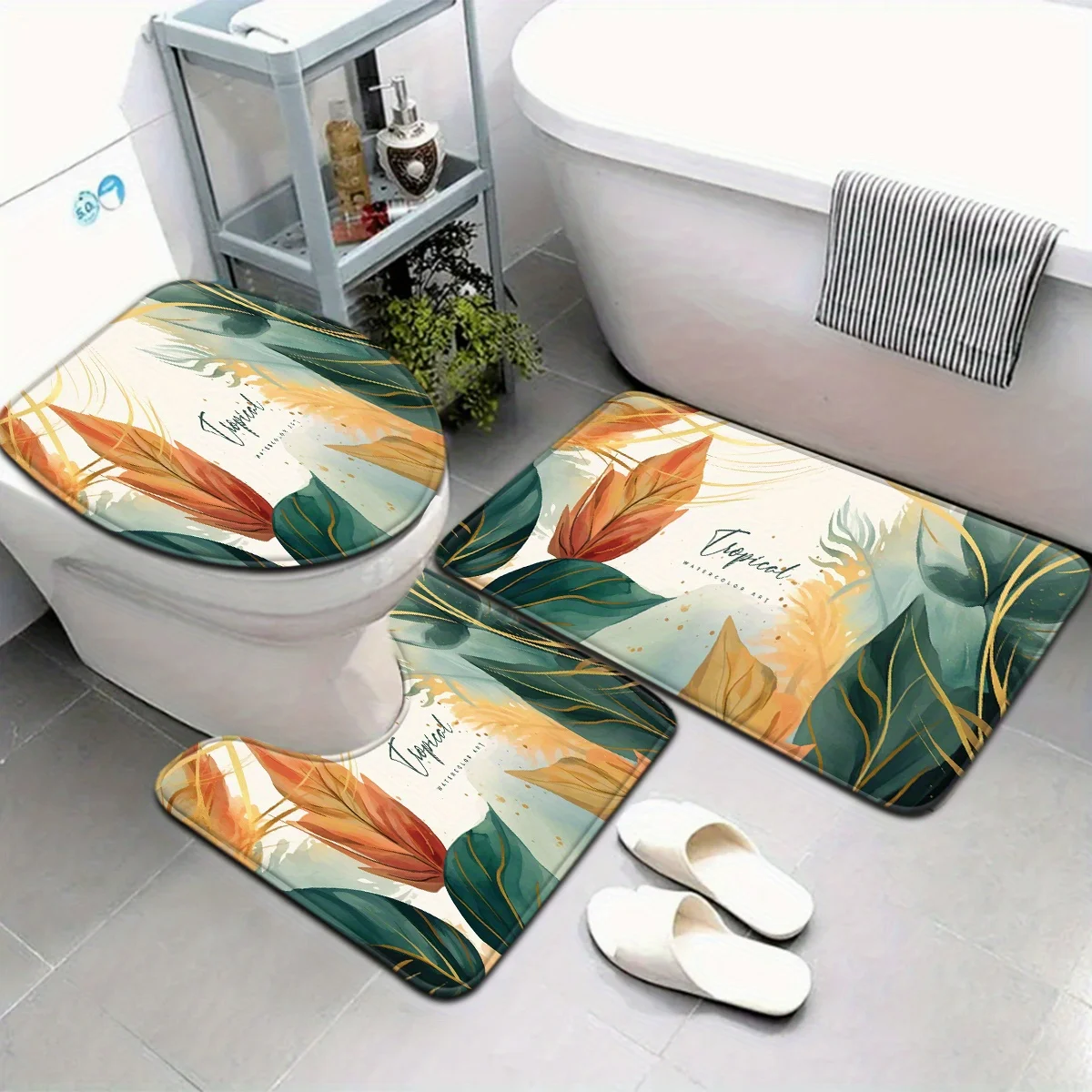 

Набор ковриков для ванной комнаты из 3 предметов с рисунком красного и зеленого листа, чехлом на сиденье унитаза и ковриком для ног Ushaped, подходящим для украшения ванной комнаты