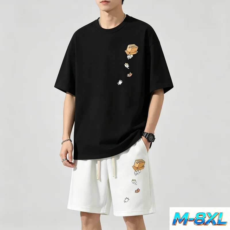 Daily Casual Loose Large Size M-8XL Set Cat Print T Shirt Drawstring Shorts Unisex Couple Style - Image 6