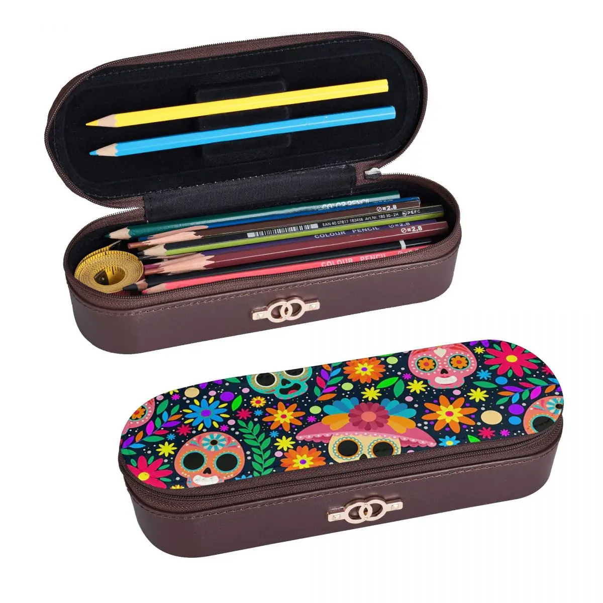 Sugar Skull Mexican Flower Halloween Day Of The Dead 11 Leather Pencil Case Pen Holder Storage Stationery Supplies Pen Box
