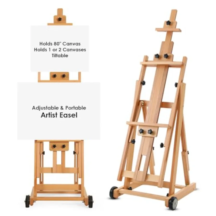 

Easel for Painting H Frame Easel Painting Stand Floor Standing for Large Canvas Adjustable Tilt Flat Rolling Wheels Wood Studio