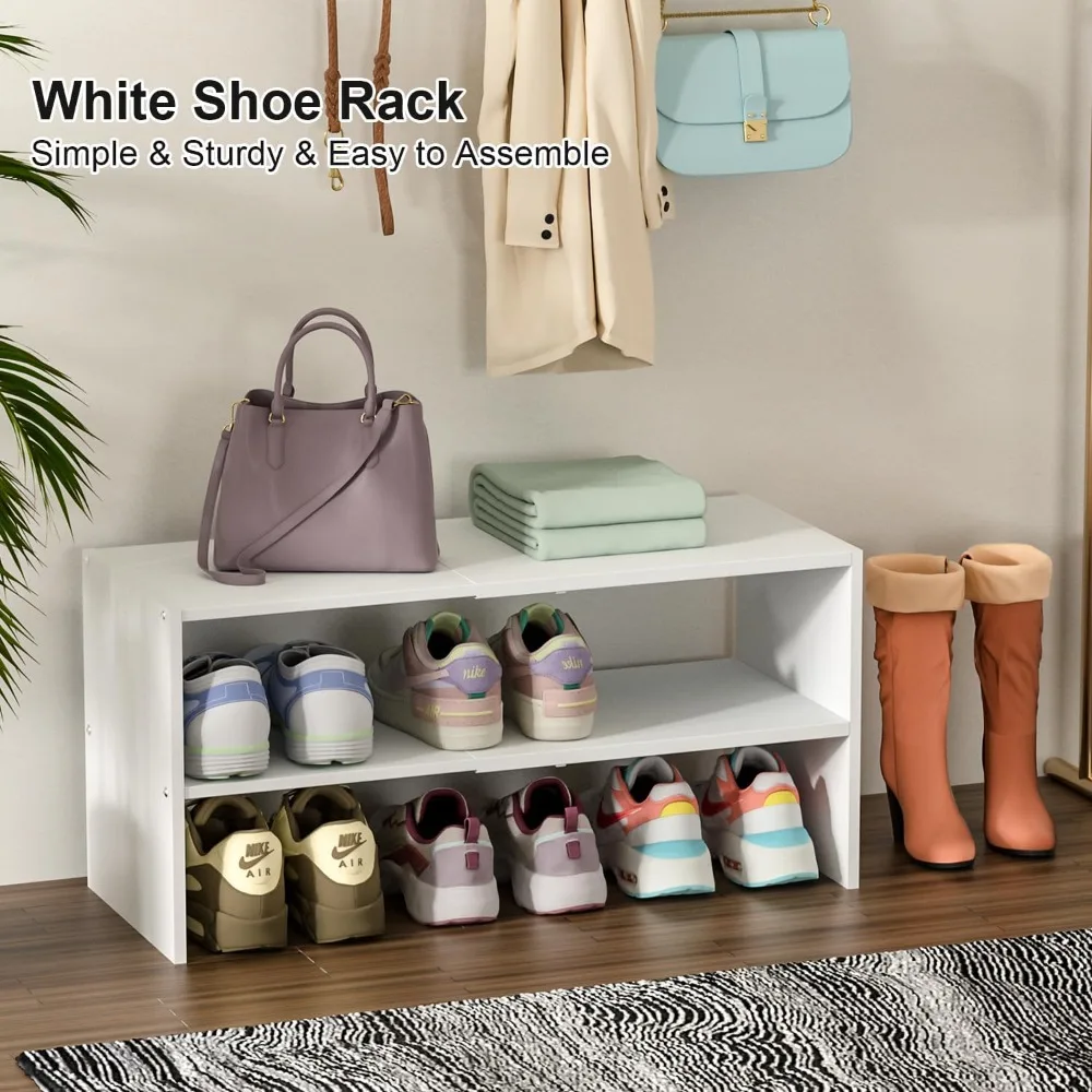 

2 Pack White Shoe Rack for Closet,2-Tier Expandable Small Shoe Shelf,Stackable Wood Combination for Entryway Holds 15-24 Pairs