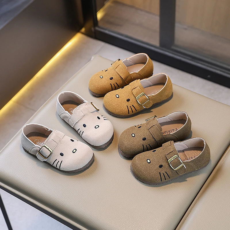 Cartoon Cat Baby Boys Children's Casual Shoes Cowhide Suede Leather Girls Flat Shoes Retro Non-slip Soft Sole Kids Leather Shoes