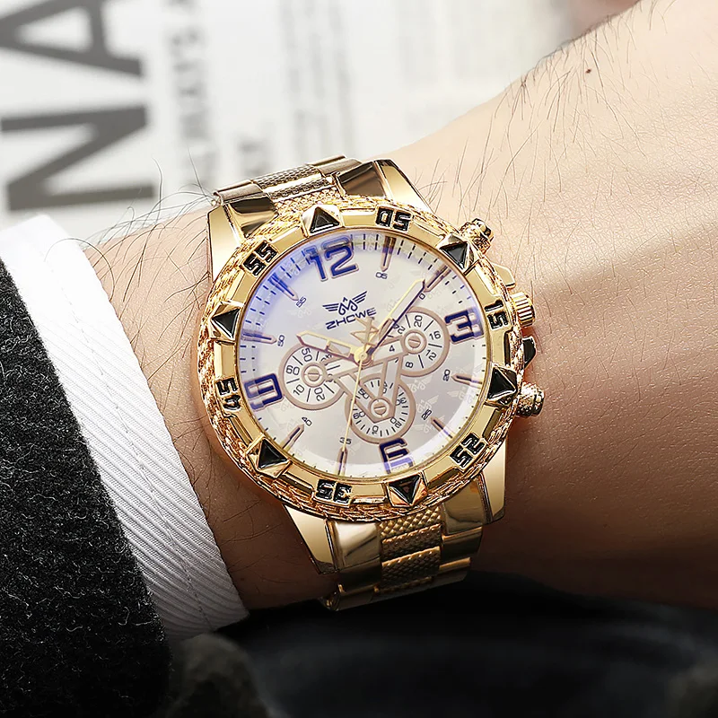 

Light luxury business mixed bar scale fake three eye dial refined steel strip quartz watch.