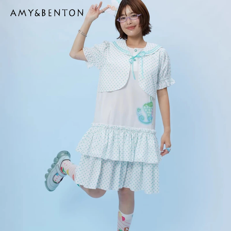

Summer New White Polka Dot Navy Collar Fake Two-piece Women's Dress Original Japanese Sweet Cool Age-reducing Dresses Ladies