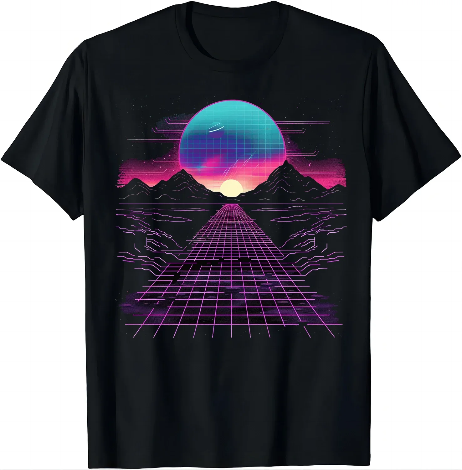 Futuristic Landscape Tee - Cosmic Grid Pattern T Shirt Mens Clothes Tops Graphic T Shirts Camisas Streetwear Y2k Clothing