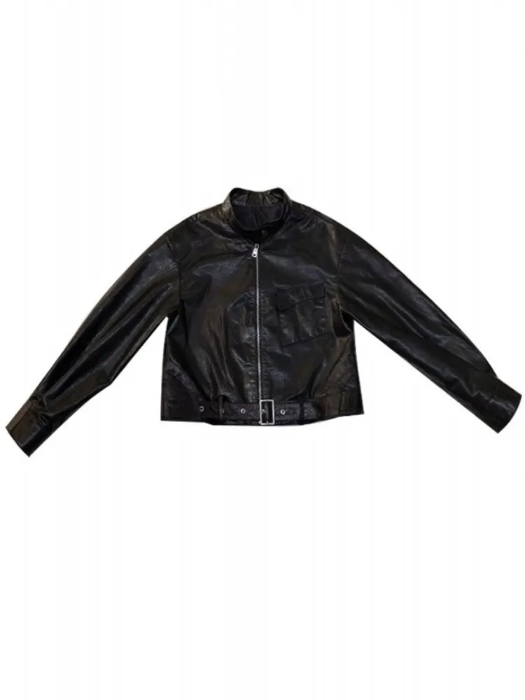 Veste en cuir véritable pour femme, Style rétro, couleur unie, qualité supérieure, ample, en peau de mouton, poche, fermeture éclair, ceintures, manches longues, vêtements d'extérieur