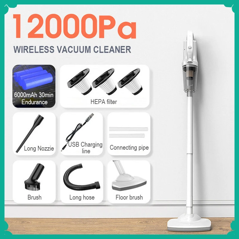 Wireless Handheld Vacuum Cleaner 12000Pa Powerful Cordless Cleaning Machine Multifunction Home-appliance Floor Mooping