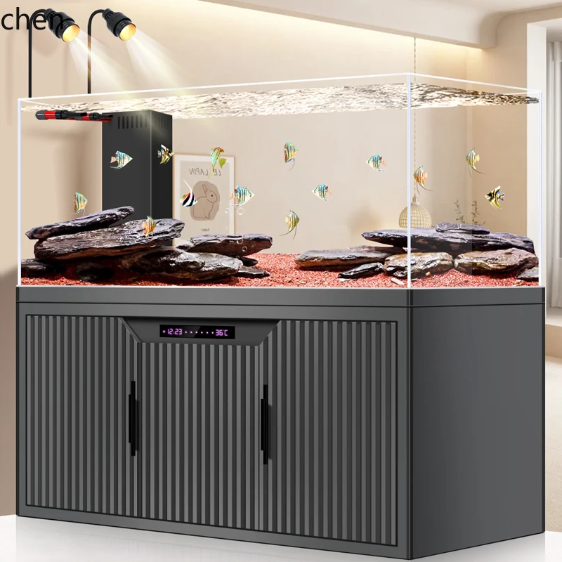 

LXC stream fish tank living room ultra-white glass overflow medium and large gold fish tank bottom filter landscaping tank
