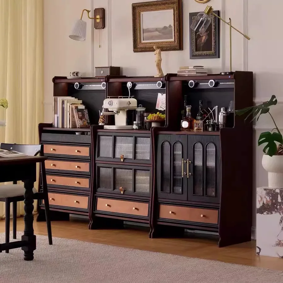 PYJ solid wood dining side cabinet small apartment kangaroo module combination living room retro wall integrated locker