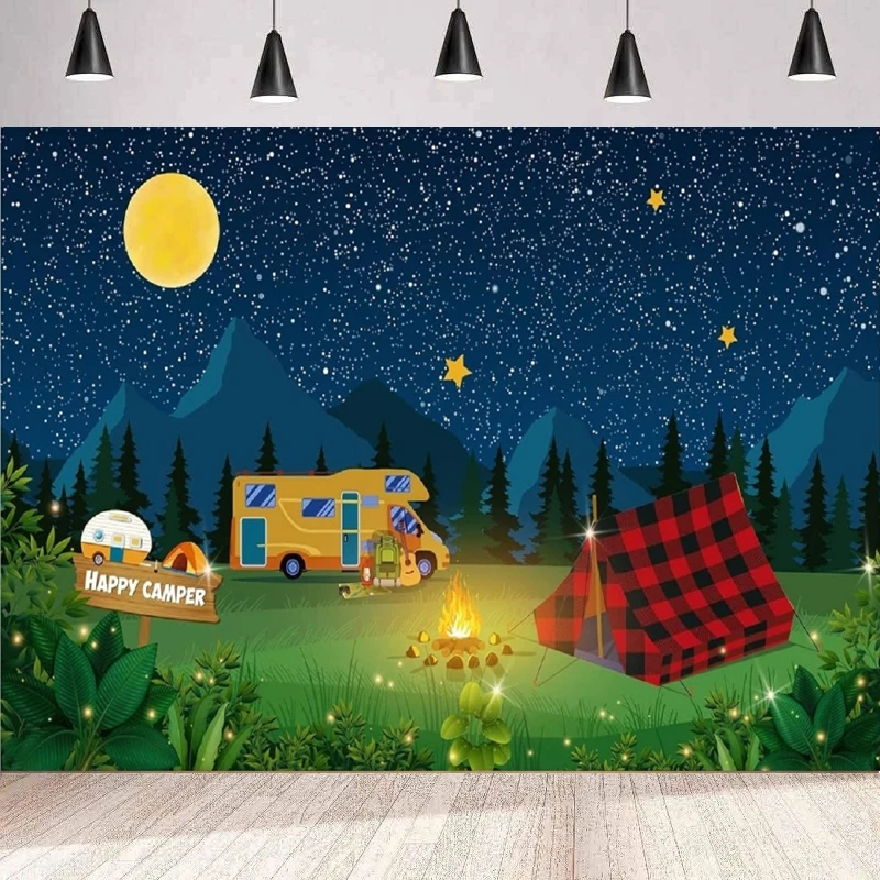 Photography Backdrop Fake Campfire Decoration Camper Birthday Party Banner Happy Camper Supplies Background Wall Banner Poster