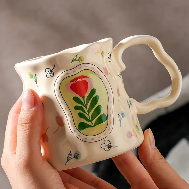 Creative Flowers Pattern Water Cups, Ceramic Household Drinkware Items, Porcelain Bring A Spoon Mug, Coffee Milk Cup, 380ML, 1Pc