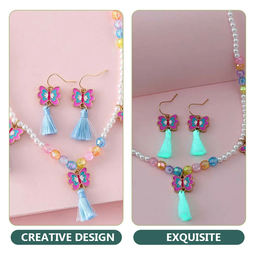 Ensemble de boucles d'oreilles et collier en alliage pour enfants, boucles d'oreilles à pampilles papillons