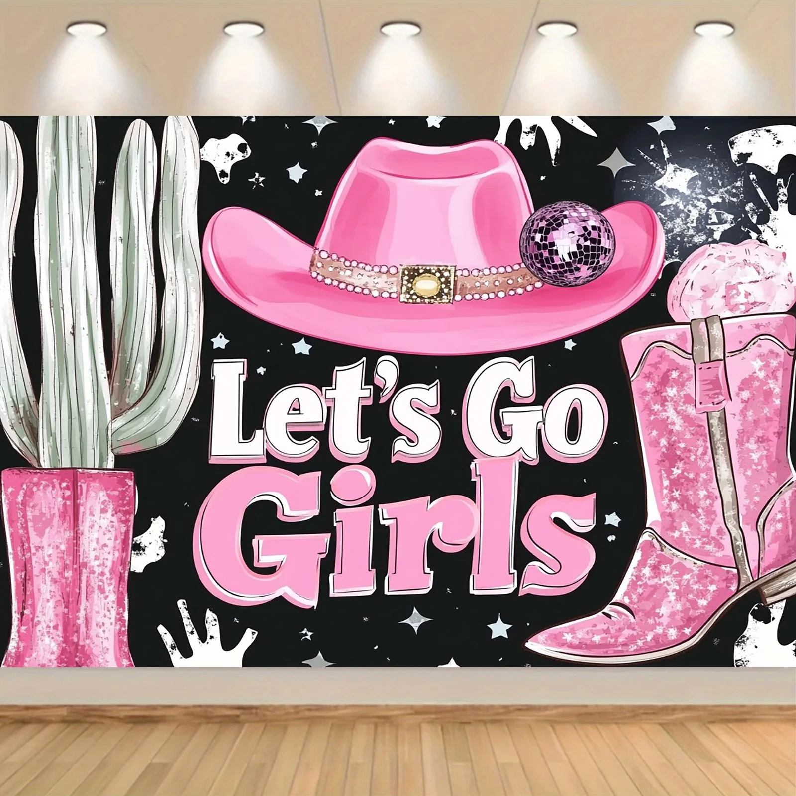 Let's Go Girls Rosa Partyhintergrund mit Cowboy-Motiv – Polyesterfaser, Geburtstagsfeier – Cowboy-Party-Dekoration
