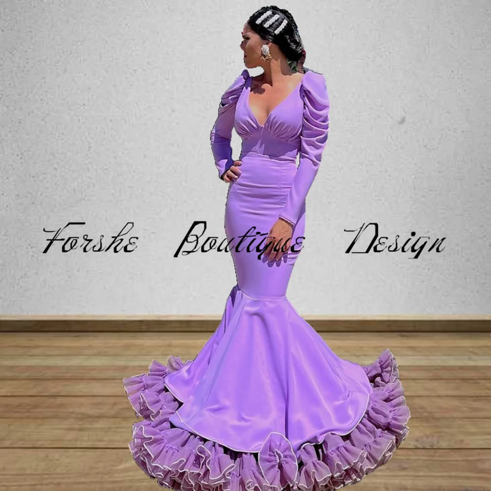 Purple Flamenca Evening Dress Long Sleeves 2024 Spanish Prom Dance Dresses Ruffles Skirt Special Occasion Party Gowns