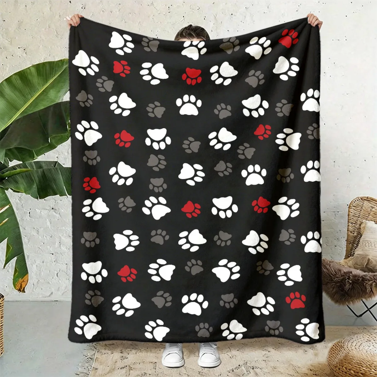 2026 New Releases Comfortable Flannel Blanket with Paw Prints, Soft And Warm, Suitable for All Seasons, Made of Polyester for Home, Travel, Camping, And Car Use